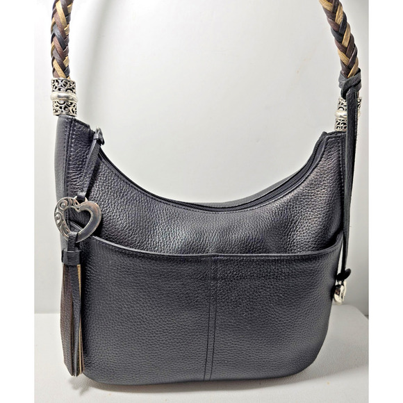 Chic BRIGHTON Barbados Zip Top Hobo Shoulder Bag leather & Braided Strap Black - Picture 2 of 15